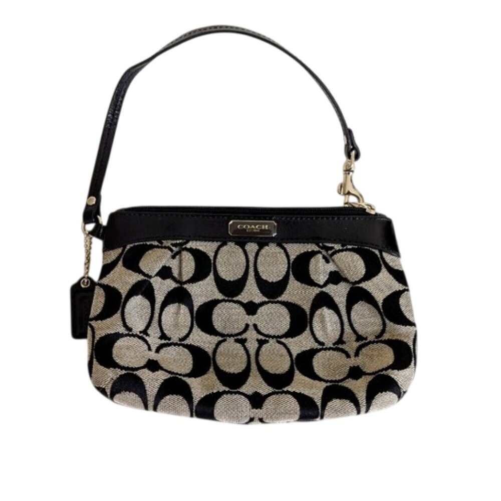 Coach Black and Cream Wristlet Bag with Interlocking C Pattern 7.5"x5"